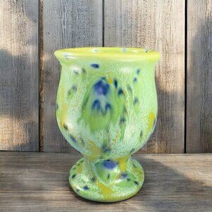 Vintage Hand Made Pottery Stoneware Footed Cup Votive Candle Holder Green W Dots